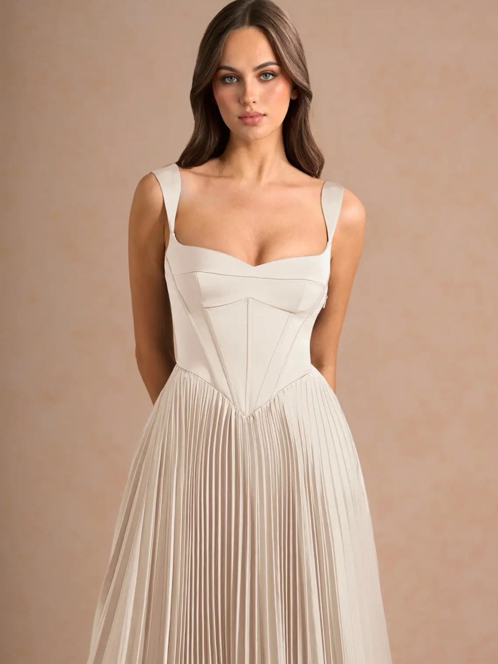 Azazie Cream Pleated Maxi Dress with Corset & Structured Bodice - Picture 4 of 6